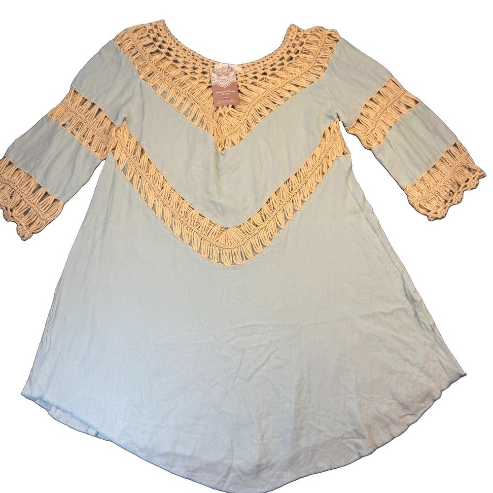 NEW! Umgee USA Boho Crochet Tunic Blouse Baby Blue Cream V-Neck‎ NWT S/M